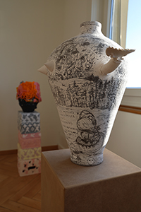 Dimitrina Sevova, The Map of My Readings and Thoughts, 2025. Stoneware, hand-built vessel, engobed, surface drawn with pin. Exhibition view in Interwoven Existences: The Poetry of Nature, Beletage Art Space