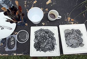 Dimitrina Sevova, Open Studio at Lilly Keller’s studio in Thusis. Tools and ingredients for river paintings